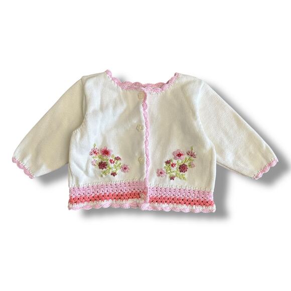 Nannette Vintage Floral Embroidered Knit Cardigan‎ Babies Size 3/6M Crème Pink - Picture 1 of 8